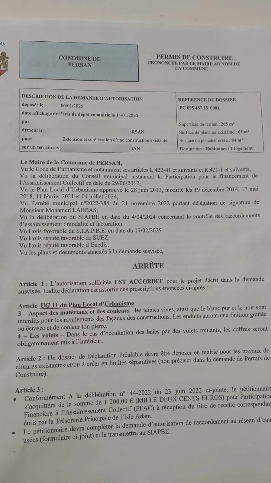 Arrêté de permis de construire accordé — Persan (95), extension et surélévation, 84 m² créés
